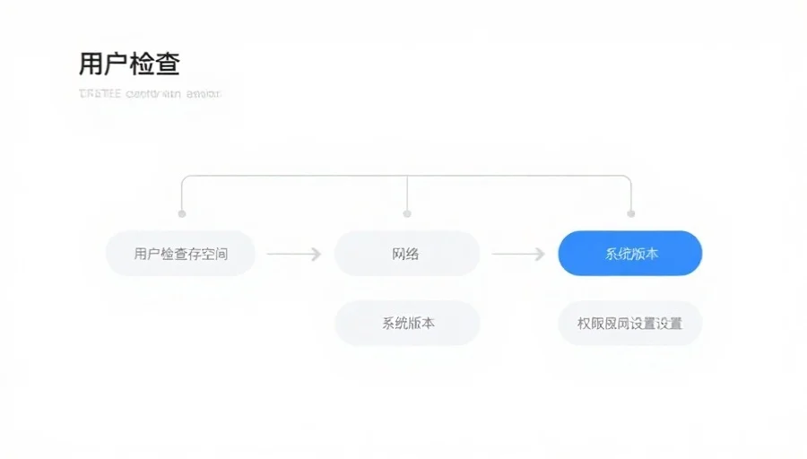 一张简洁明了的流程图,依次展示用户检查存储空间、网络、系统版本和权限设置的步骤