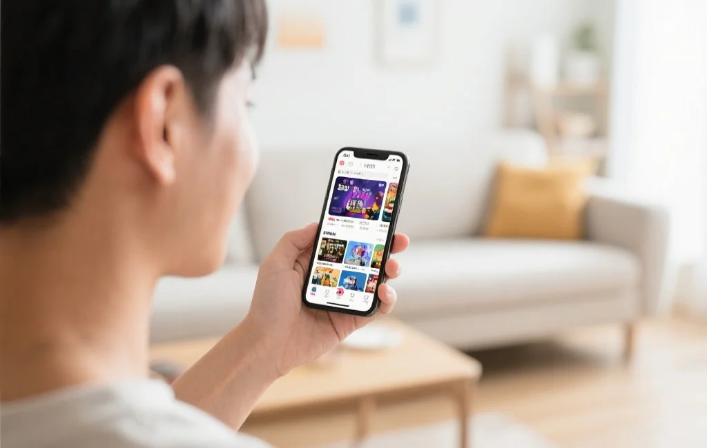 一位用户在明亮舒适的家中，愉快地使用手机浏览娱乐app，屏幕上展示丰富的娱乐内容