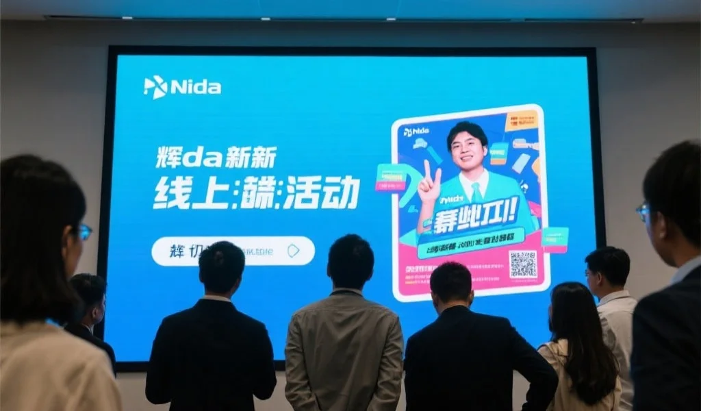 多人聚焦于大屏幕，屏幕上显示辉达最新线上活动的宣传海报，氛围积极向上