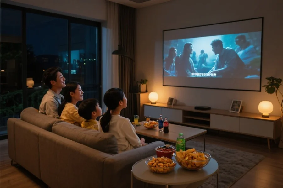 现代家庭客厅夜晚氛围中,一家人正在观看大屏幕上的电影,旁边摆放着零食和饮料,充满温馨和欢乐