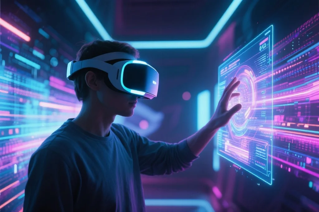 用户佩戴VR头显，沉浸在未来科技的虚拟互动体验中